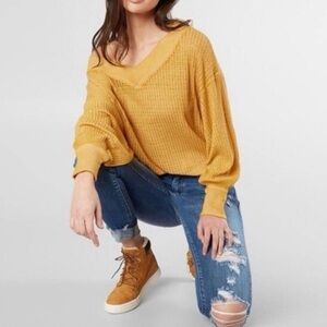We The Free South Side Free People Mustard Yellow Thermal Knit Top Oversized M